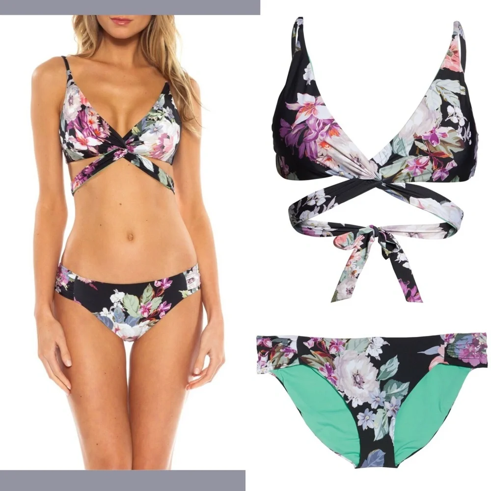 NEW Becca [ Small ]‎ Spring Fling Wrap Top + Bikini Bottoms in Black Floral